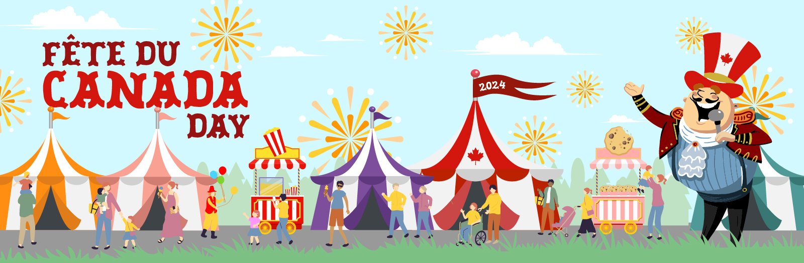 Carnival-themed Canada Day banner.