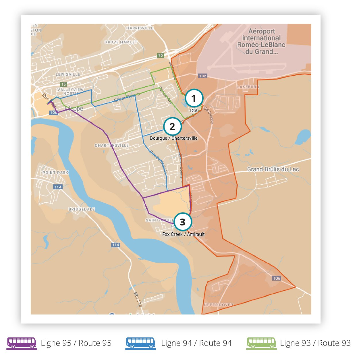 Carte montrant les points de transfert pour le nouveau service de transport à la demande