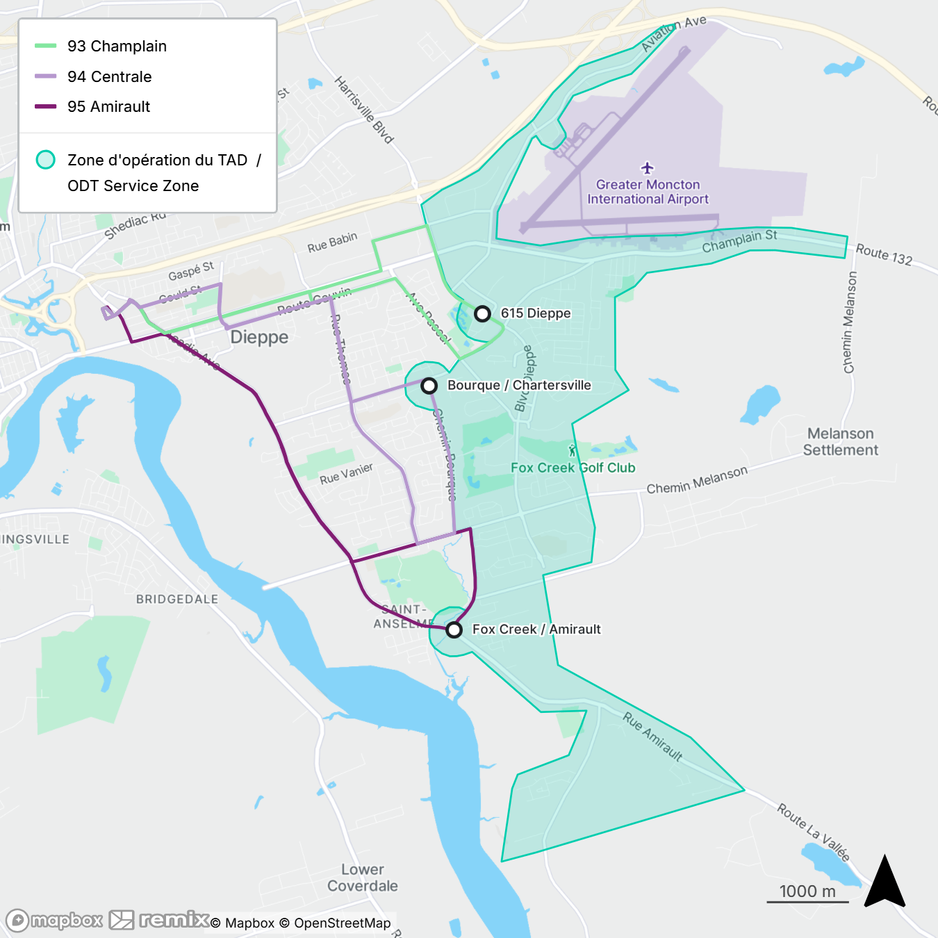 Carte montrant la zone desservie par le transport à la demande